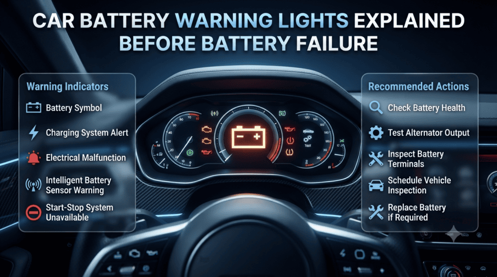 Car dashboard displaying battery warning lights, charging system alerts, and electrical fault indicators that signal potential battery or alternator problems.