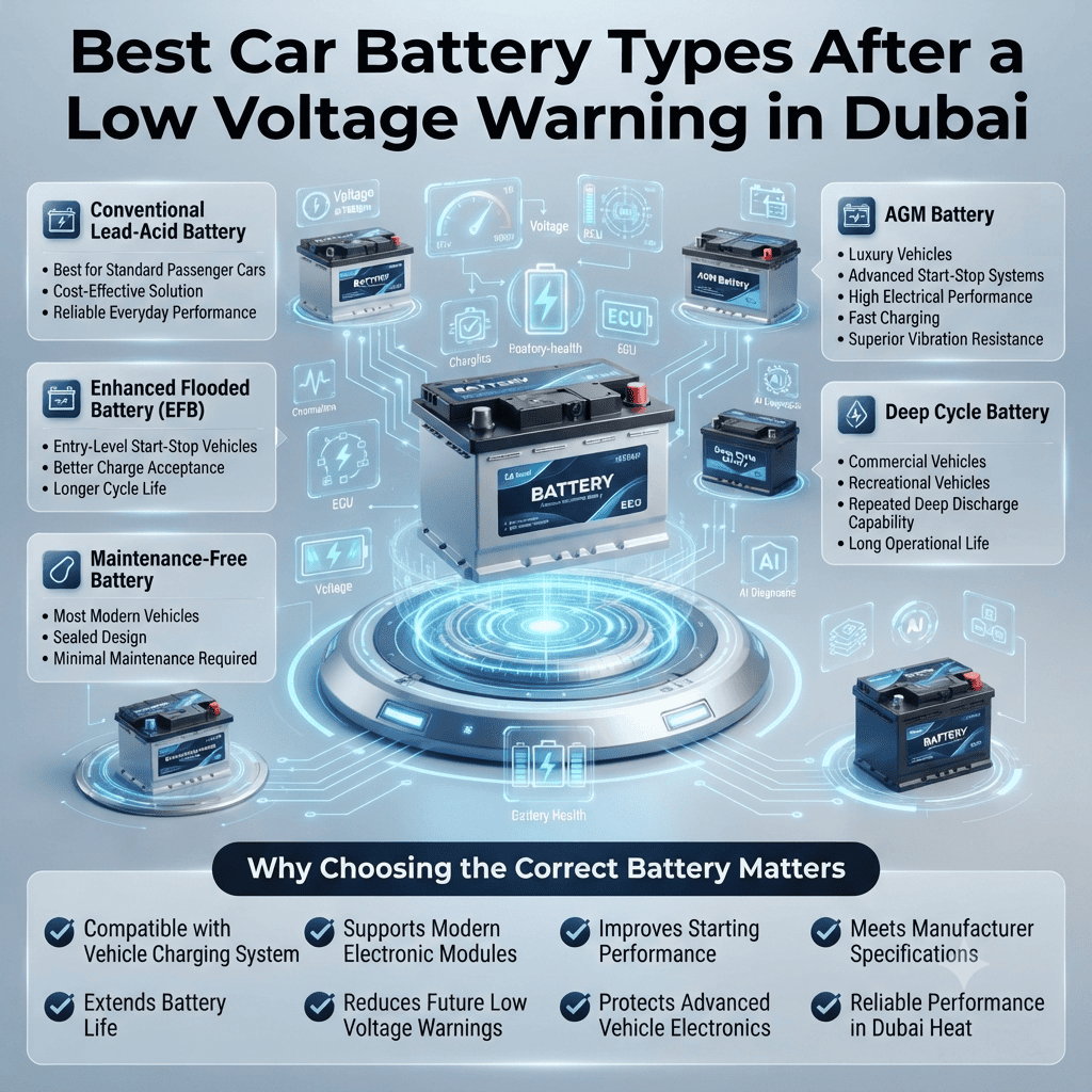 Best Car Battery Types After a Low Voltage Warning in Dubai Premium automotive infographic comparing the best car battery types after a low voltage warning, including Lead-Acid, EFB, AGM, Deep Cycle, and Maintenance-Free batteries with their ideal applications and key benefits.