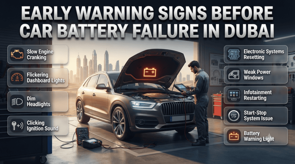 Car battery warning signs infographic showing slow cranking, dim lights, dashboard alerts, and symptoms before vehicle battery failure