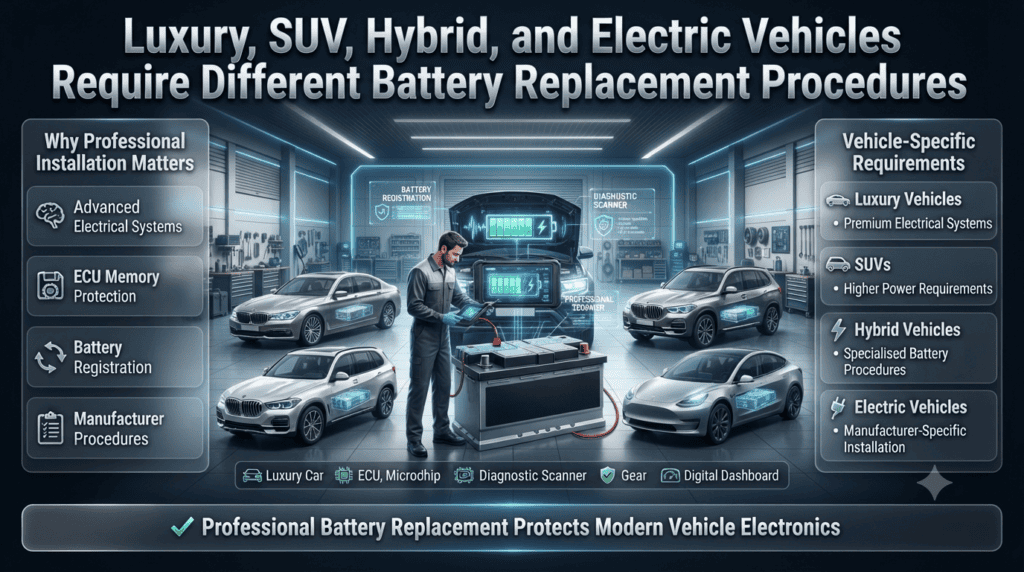 Professional infographic showing battery replacement procedures for luxury cars, SUVs, hybrid vehicles, and electric vehicles using advanced diagnostic equipment in Dubai.