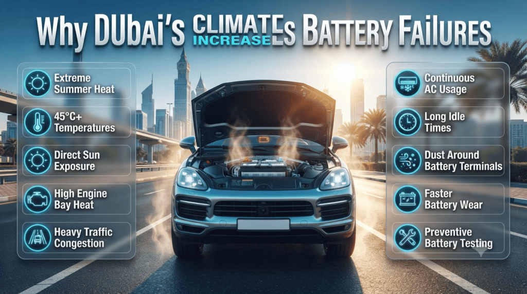 Why Dubai's Climate Increases Car Battery Failures Automotive infographic showing Dubai's extreme heat affecting a car battery, highlighting high temperatures, engine heat, traffic congestion, and preventive battery maintenance.
