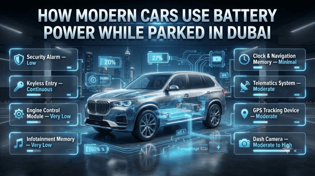 How Modern Cars Use Battery Power While Parked in Dubai Infographic showing a modern parked car with standby electrical systems including alarm, ECU, GPS, keyless entry, and infotainment drawing battery power.