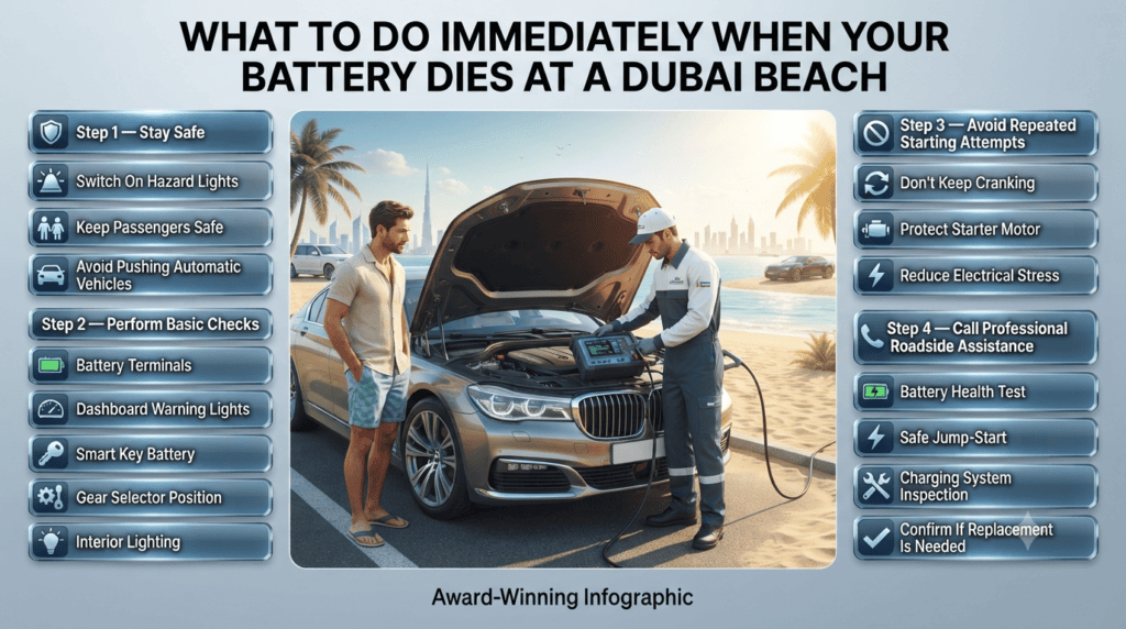 Step-by-step infographic showing emergency actions after a car battery dies at a Dubai beach, including safety checks, battery inspection, and roadside assistance.
