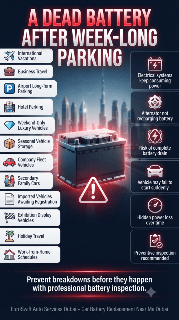 Dead Battery After Week-Long Parking in Dubai – Causes & Prevention Guide Infographic showing dead car battery risk after long parking in Dubai with travel and storage scenarios listed on sides and preventive battery service information in center.