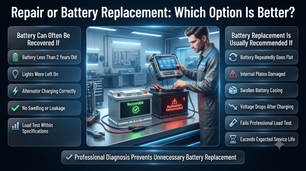 Infographic comparing car battery repair and battery replacement with diagnostic checks, warning signs, and decision points for Dubai drivers.