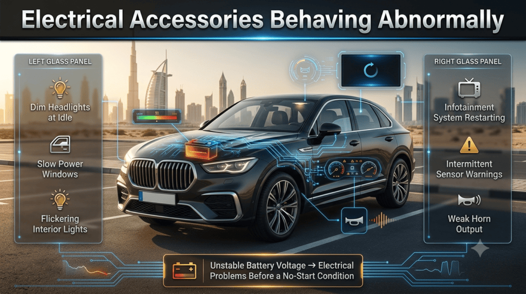 Premium automotive infographic showing abnormal electrical accessories caused by a weak car battery, including dim headlights, flickering lights, slow power windows, and infotainment resets.