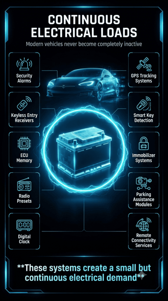 CONTINUOUS ELECTRICAL LOADS IN MODERN VEHICLES Futuristic automotive infographic showing a central car battery with surrounding icons representing continuous electrical systems in modern vehicles such as alarms, ECU memory, keyless entry, GPS tracking, and immobilizer systems, designed in a neon blue high-tech style layout.