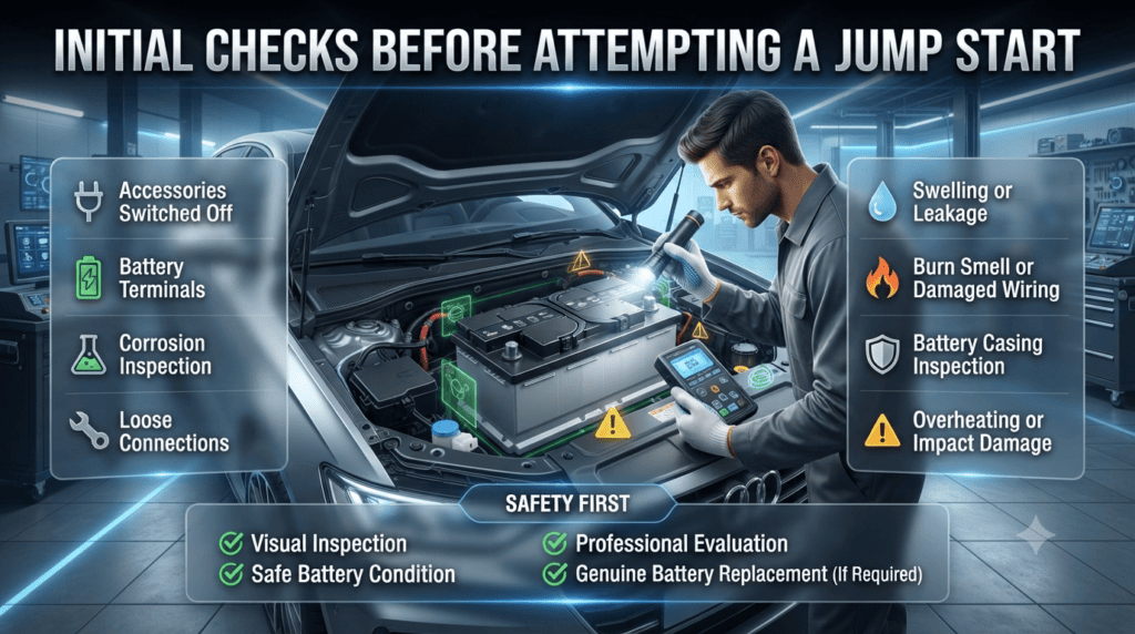 Initial Safety Checks Before Attempting a Car Jump Start Premium automotive infographic showing essential safety checks before jump-starting a car, including battery inspection, terminals, wiring, swelling, and accessory verification.