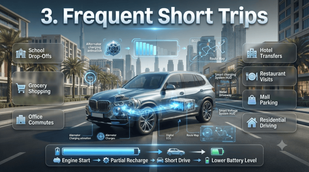 How Frequent Short Trips Drain Your Car Battery in Dubai Infographic showing a Dubai driver making frequent short trips that prevent the alternator from fully recharging the car battery, leading to gradual battery discharge.