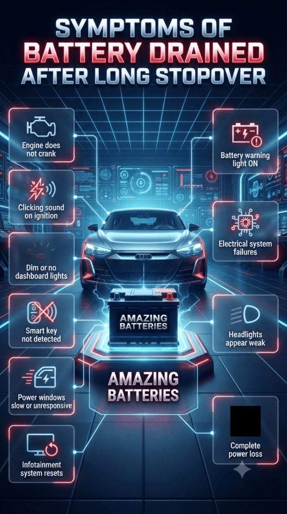Symptoms of Battery Drained After Long Stopover – Car Warning Signs Guide Futuristic automotive infographic showing symptoms of a drained car battery after long inactivity, with a central car and battery surrounded by diagnostic warning signs on both sides in a neon tech UI style.