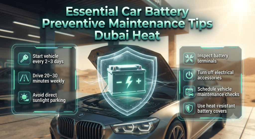 Essential Car Battery Preventive Maintenance Tips Dubai Heat Car battery preventive maintenance tips in Dubai heat including driving habits, inspection checklist, and heat protection practices infographic
