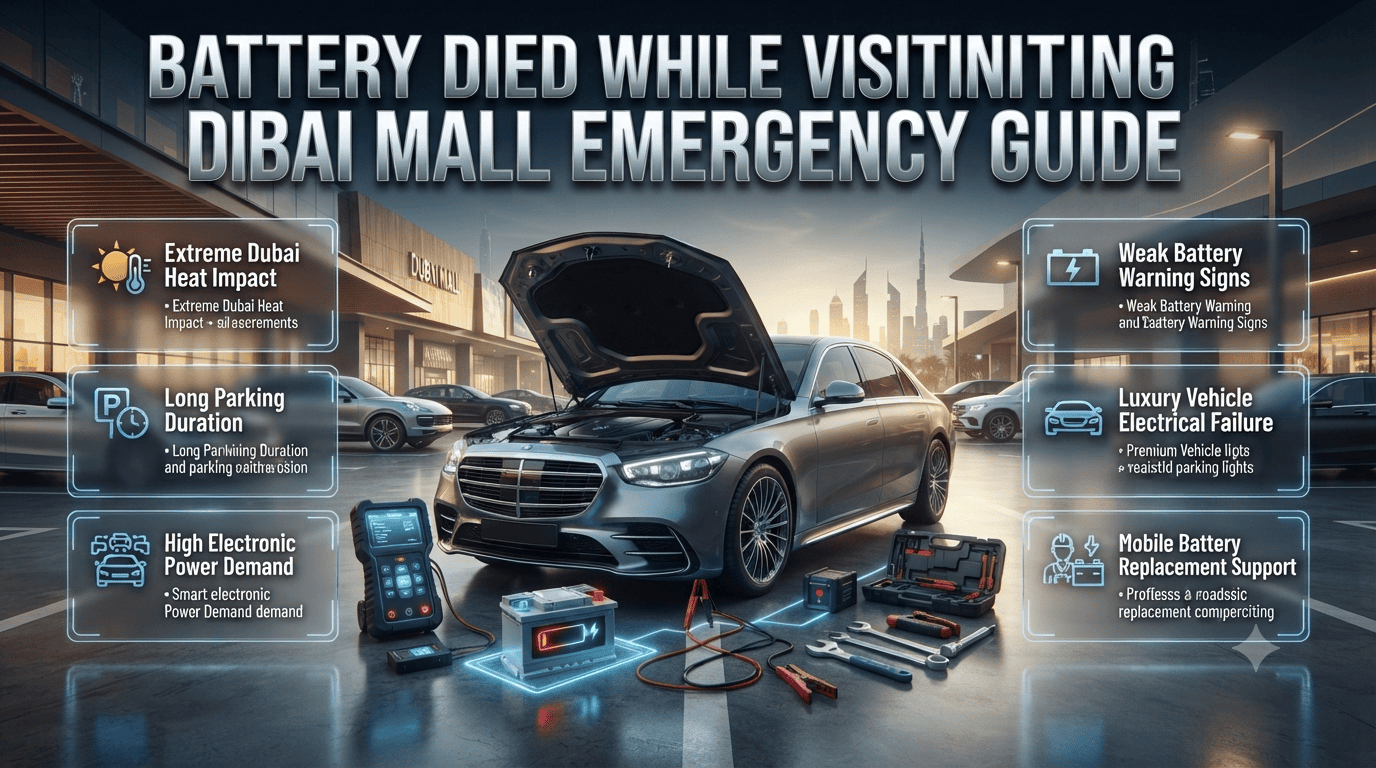 Car battery died at Dubai Mall parking area showing emergency roadside assistance and mobile battery replacement service in Dubai