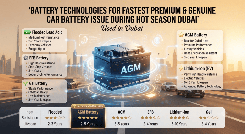 Used in Dubai | Premium Car Battery Types Comparison Infographic Infographic comparing the main car battery types used in Dubai, highlighting AGM, Flooded Lead Acid, EFB, Lithium-Ion, and Gel batteries with their heat resistance, lifespan, and ideal vehicle applications for extreme UAE weather.