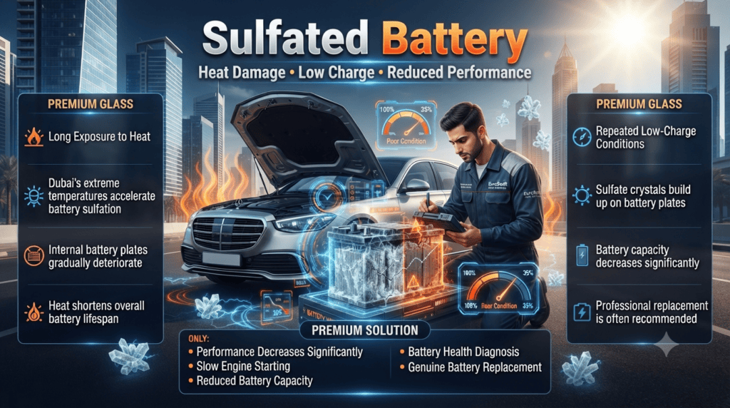 Sulfated Battery โ Heat Damage, Low Charge & Reduced Performance Luxury car with a sulfated battery being professionally inspected by a EuroSwift Auto Services technician in Dubai, highlighting heat damage, sulfate buildup on battery plates, and reduced battery performance in a premium infographic.