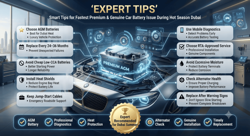Expert Tips | Prevent Car Battery Issues During Dubai's Hot Season Infographic presenting expert tips for preventing car battery issues during Dubai's hot season, including AGM battery selection, proactive replacement, heat protection, alternator checks, mobile diagnostics, and timely maintenance.