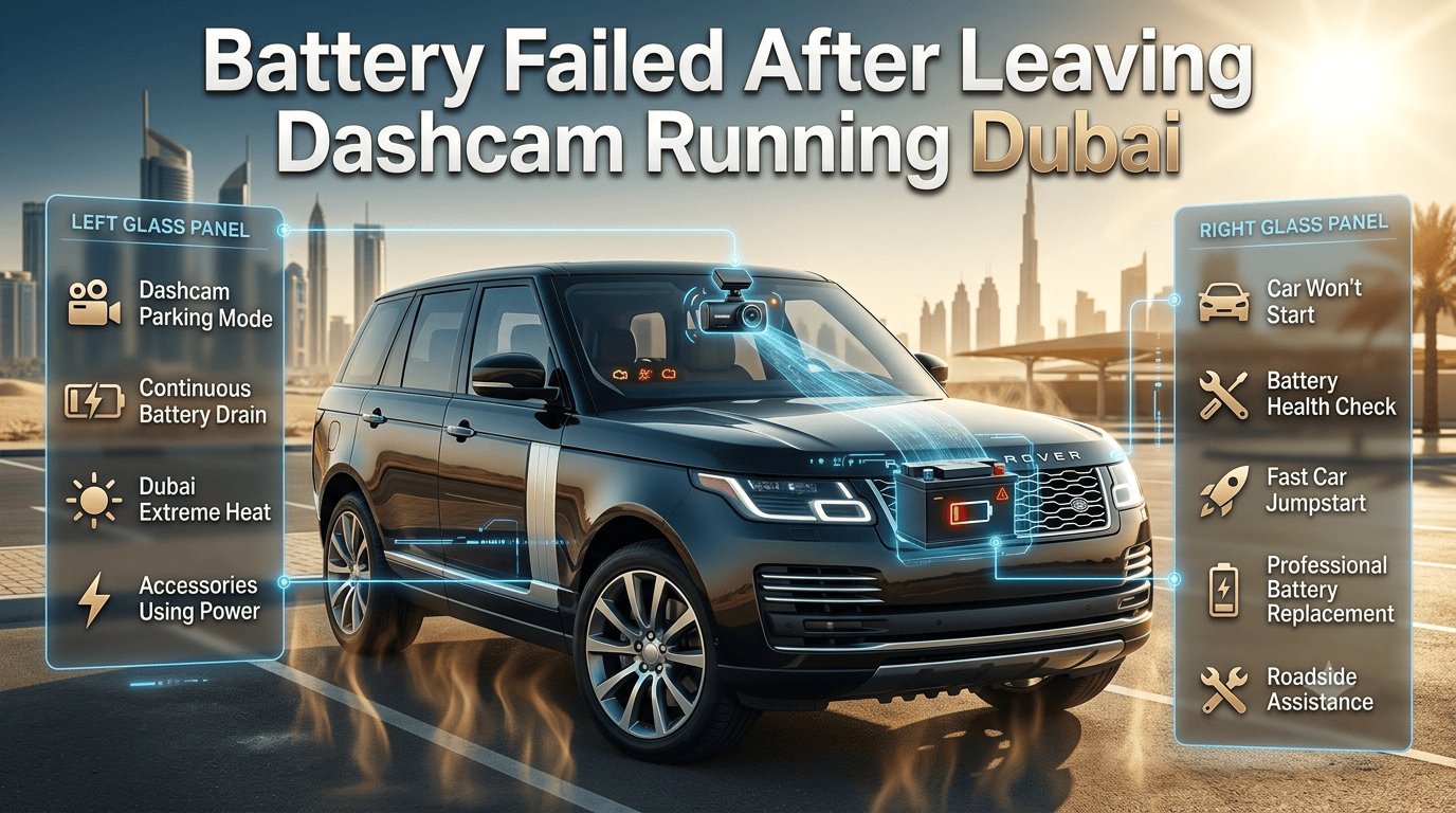 Photorealistic infographic showing a car with a dashcam draining the battery in Dubai heat, highlighting parking mode, battery failure, jumpstart, and battery replacement solutions.