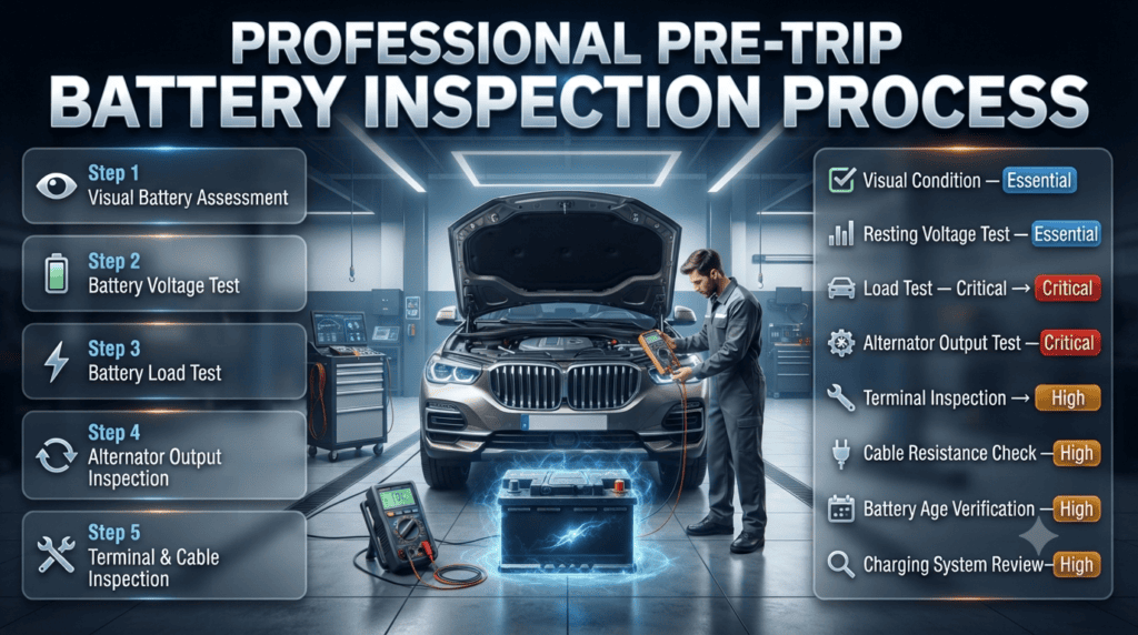 Professional technician performing a complete pre-trip battery inspection with voltage testing, load testing, alternator diagnostics, and terminal inspection before highway travel.