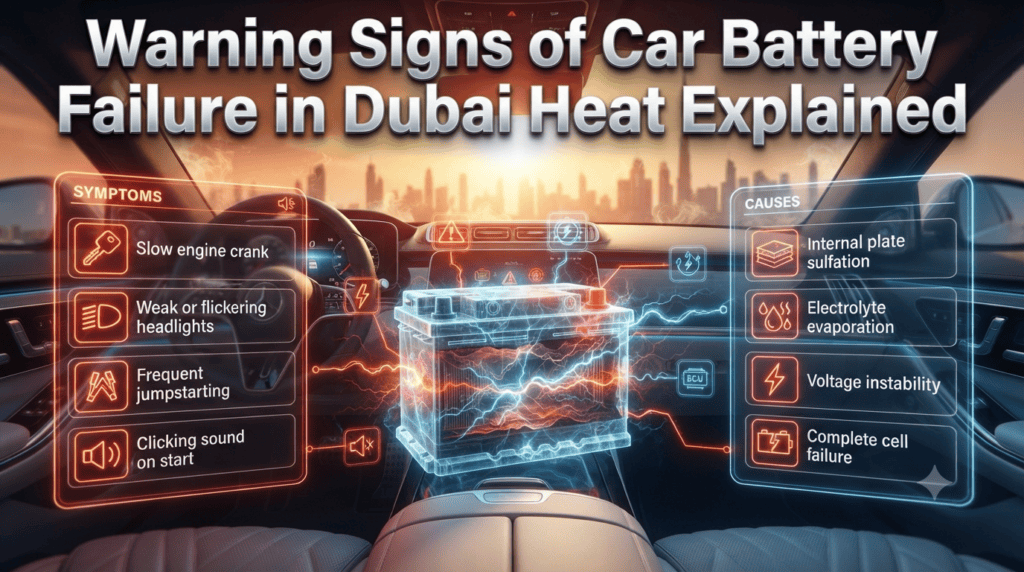 Warning Signs of Car Battery Failure in Dubai Heat Explained Car battery failure warning signs dashboard indicators jumpstart issues and heat damage symptoms in Dubai driving conditions infographic