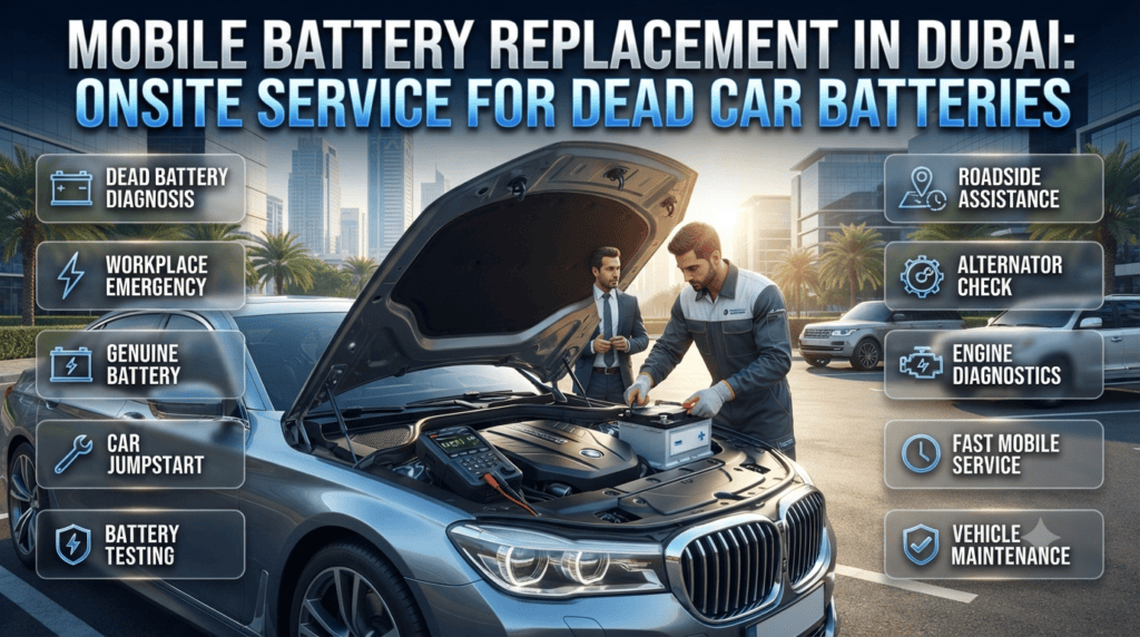 Professional mobile car battery replacement technician assisting a driver with a dead battery in an office parking area in Dubai, featuring genuine battery installation, roadside assistance, and modern diagnostic equipment.