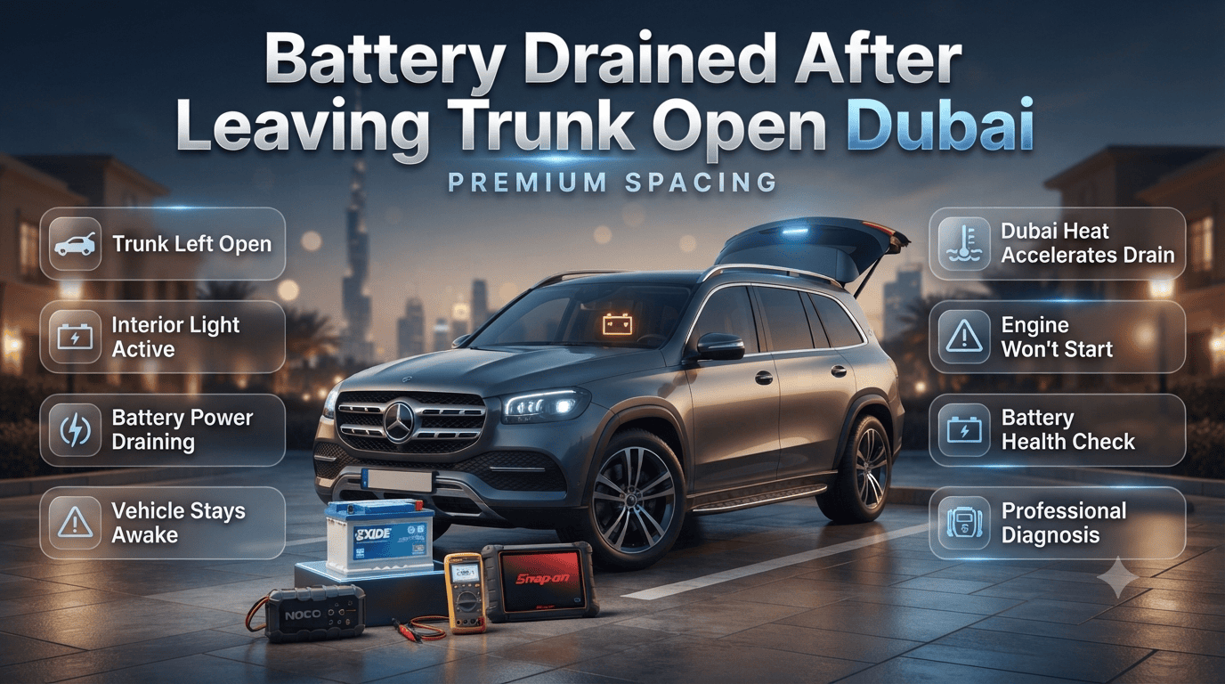 Modern car with an open trunk and drained battery in Dubai, featuring battery warning symbols, jump-start equipment, and infographic highlights explaining causes and solutions.