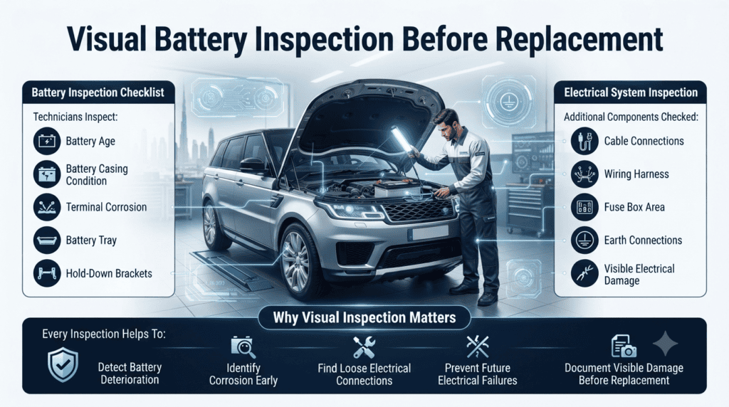 Visual Battery Inspection Before Replacement | Professional Car Battery Service Guide Professional visual battery inspection infographic showing a technician inspecting a luxury vehicle battery for age, corrosion, casing condition, cable connections, wiring, fuse box, and electrical damage before replacement.