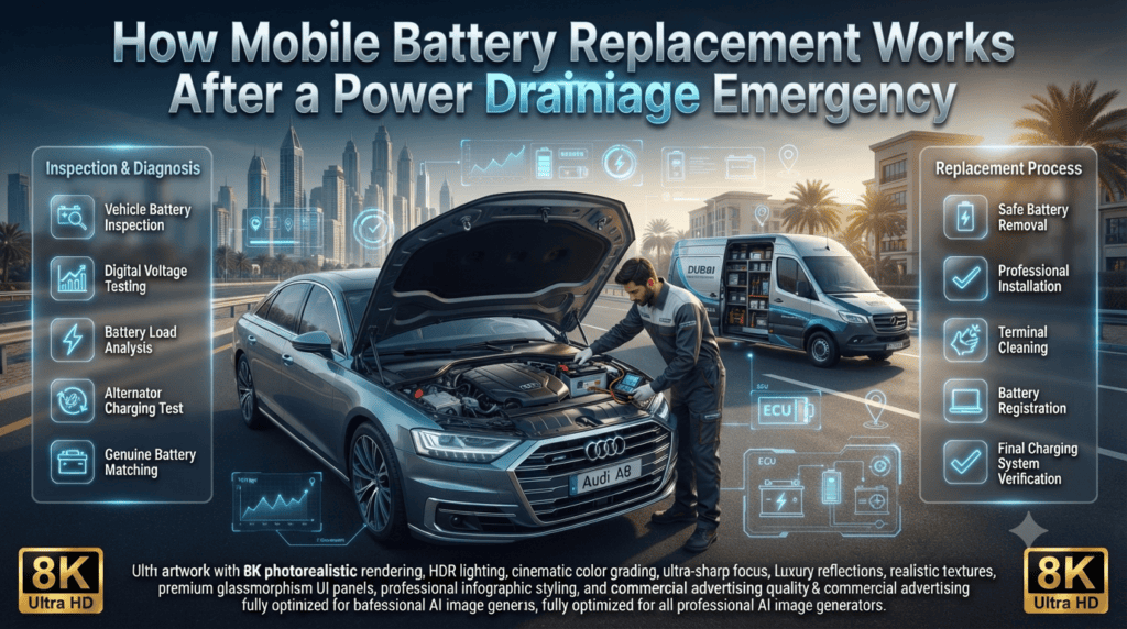 How Mobile Battery Replacement Works After a Power Drainage Emergency Professional mobile technician replacing a drained car battery roadside in Dubai using digital diagnostics, alternator testing, and genuine battery installation.