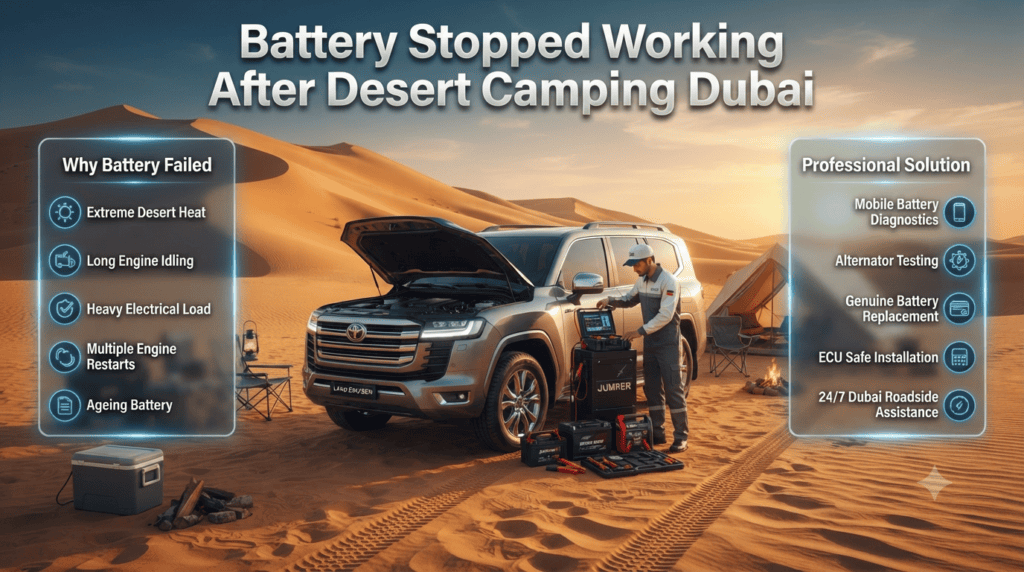 Infographic showing common desert camping activities in Dubai that drain a car battery, including camping lights, air compressor use, portable fridge, winch operation, and electronic devices.