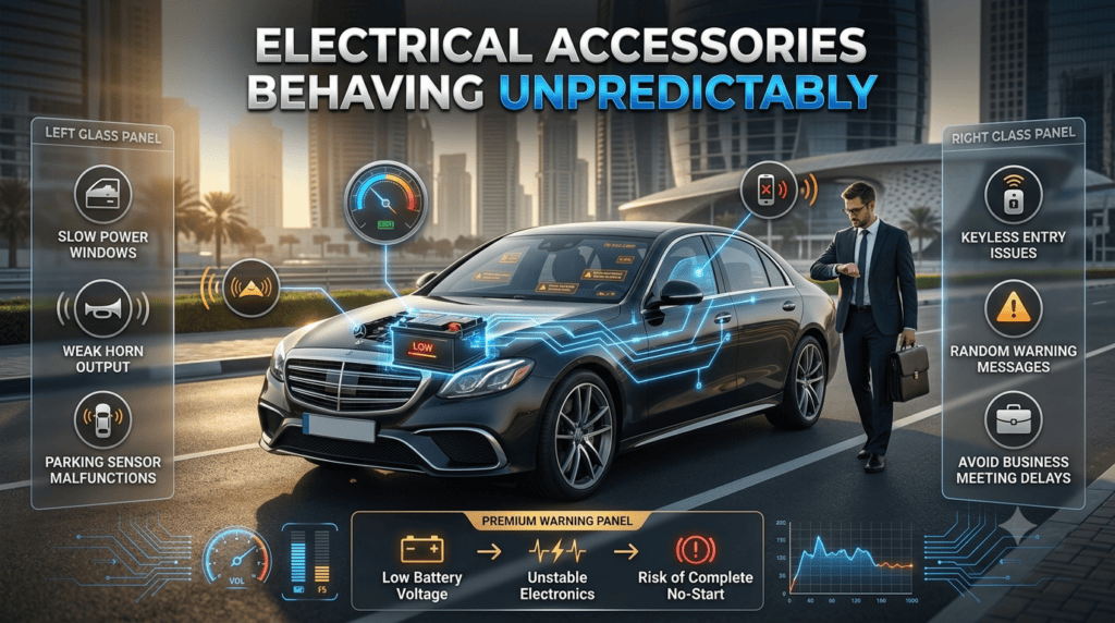 Premium automotive infographic showing unpredictable electrical accessories caused by low car battery voltage, including slow power windows, keyless entry issues, parking sensor faults, and warning messages.