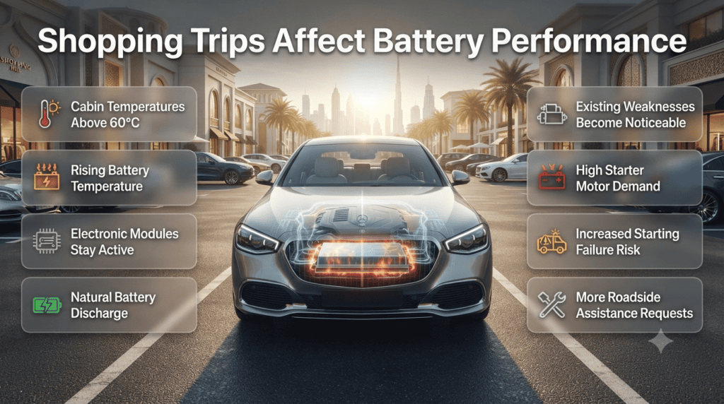 Infographic showing how extended parking at Dubai shopping malls increases battery temperature, electronic power drain, and the risk of starting failure.