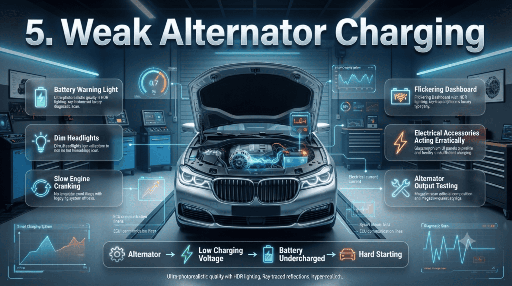 Weak Alternator Charging Causing Car Battery Failure in Dubai Infographic showing a weak alternator failing to recharge a car battery with warning signs including dim headlights, battery light, and slow engine cranking.