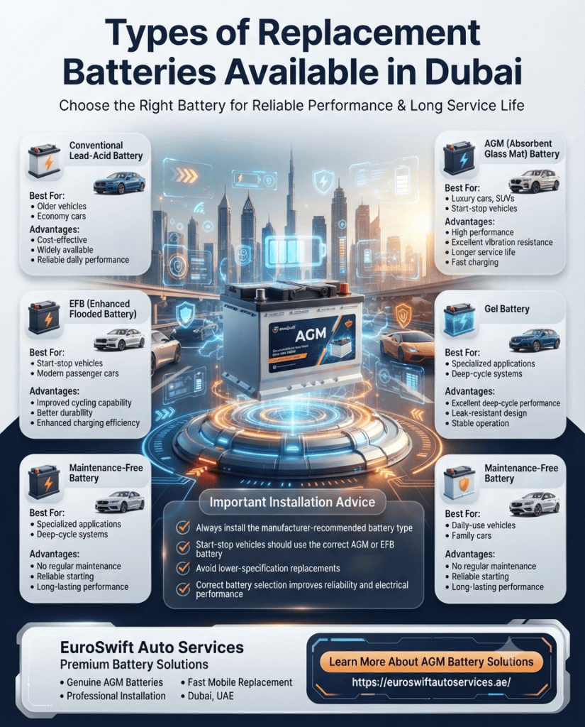 Types of Replacement Batteries Available in Dubai – Complete Battery Selection Guide Premium infographic comparing replacement battery types available in Dubai, including Lead-Acid, AGM, EFB, Gel, and Maintenance-Free batteries, with their best applications and advantages.