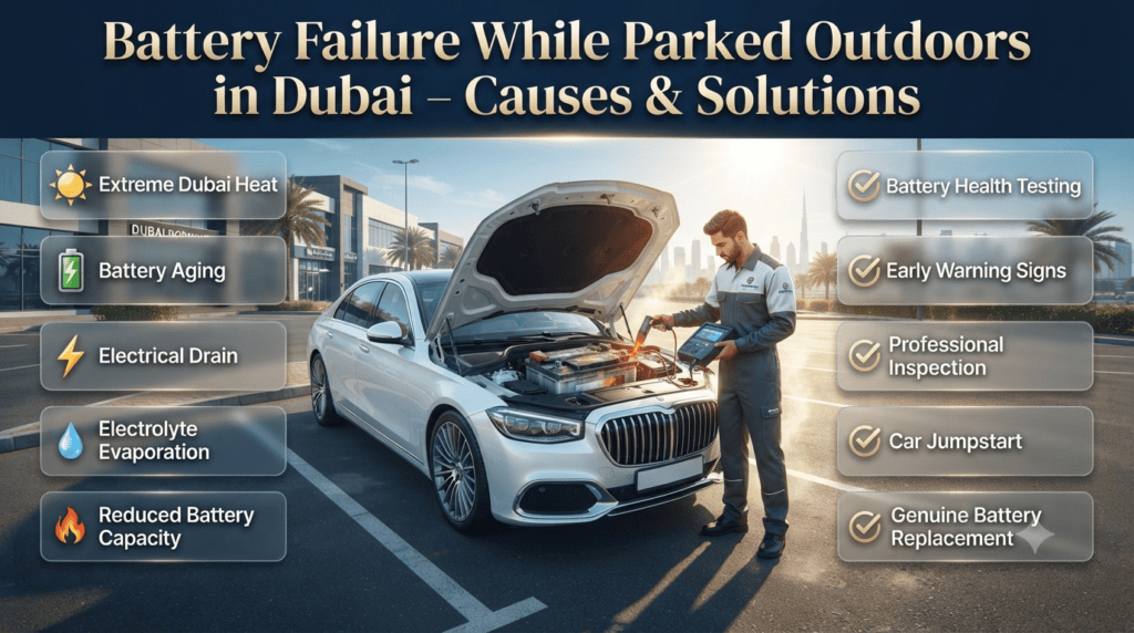 Modern Car Electronics That Drain Battery While Parked Premium infographic showing a modern car with active electronic systems including smart key, ECU, GPS, security system, and infotainment draining battery power while parked.