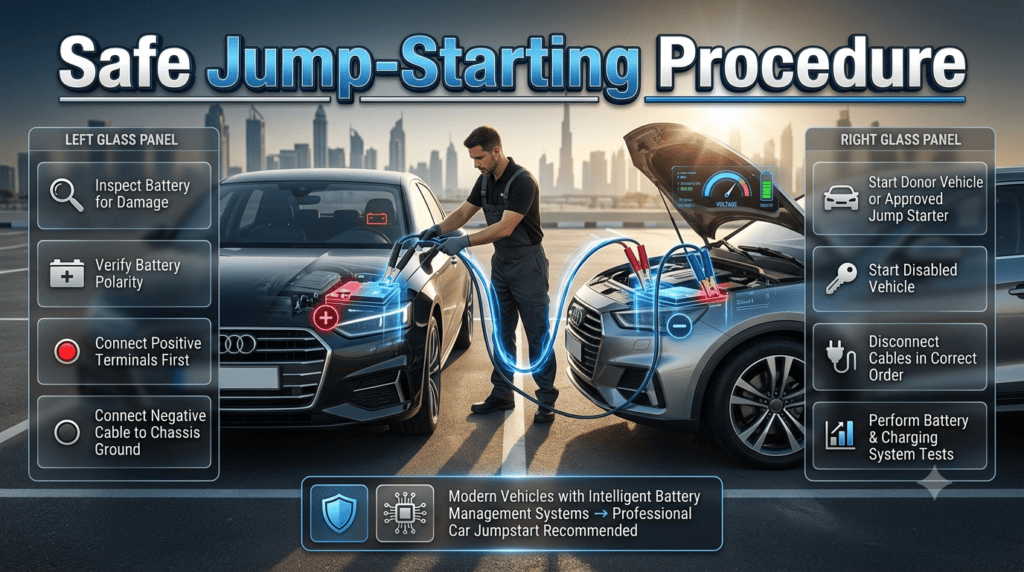 Premium infographic illustrating the safe jump-start procedure for a discharged car battery, including correct cable connections, battery inspection, and post-start testing.