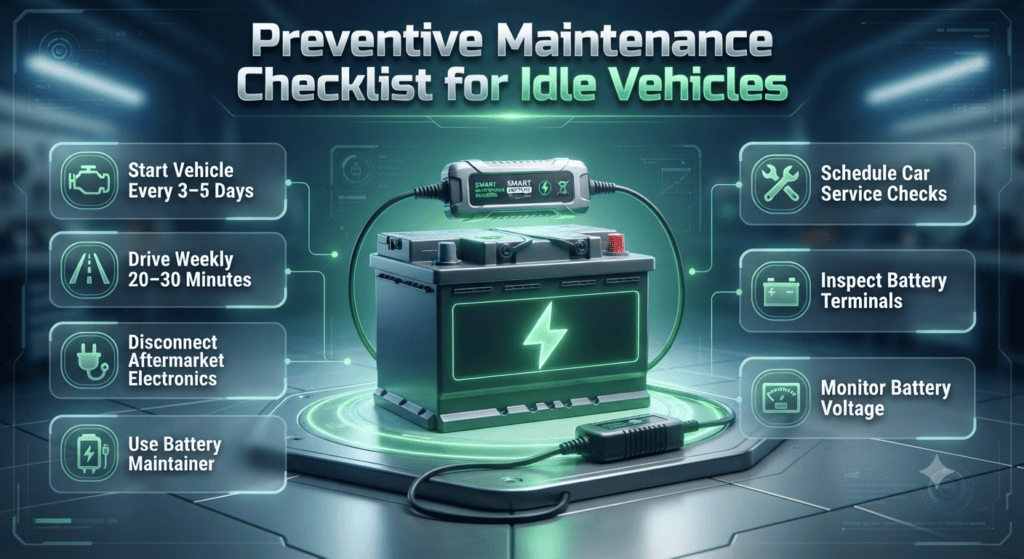 Preventive Maintenance Checklist for Idle Car Battery Protection Automotive infographic showing preventive maintenance checklist for idle vehicles including starting engine, driving weekly, battery care, and voltage monitoring.