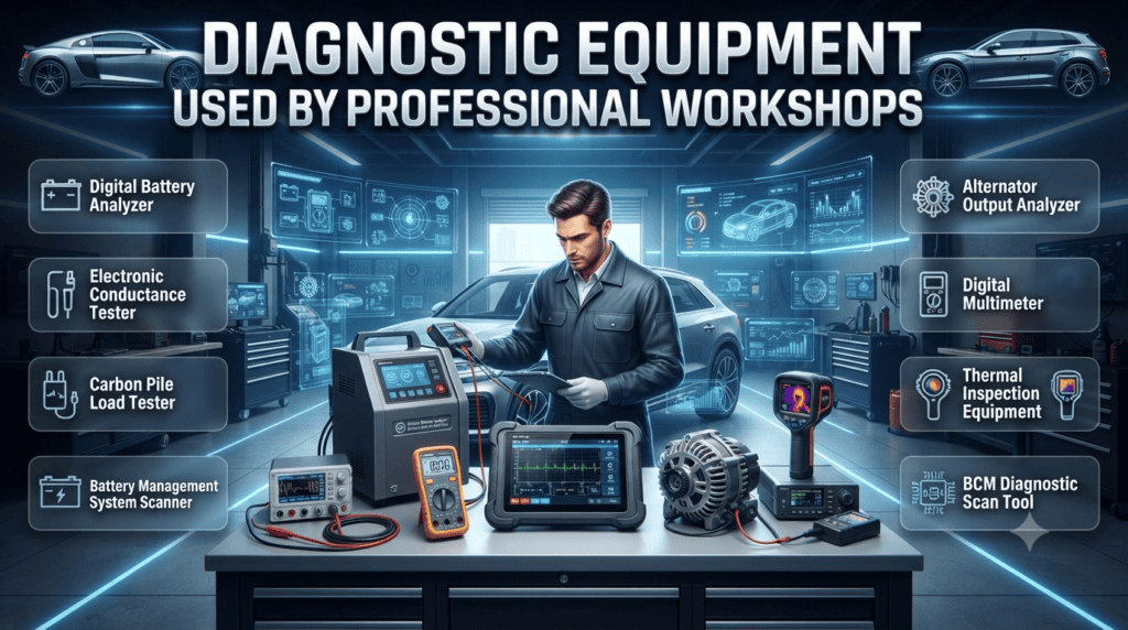 Automotive diagnostic equipment including battery analyzer, multimeter, alternator tester, scan tool, and thermal inspection device in a professional workshop.