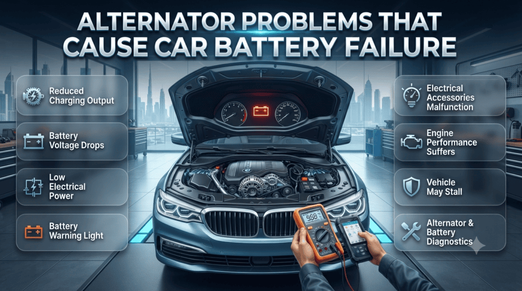 Alternator Problems That Cause Car Battery Failure Professional automotive infographic showing a faulty alternator reducing battery charging, causing low voltage, electrical failures, engine performance issues, and battery diagnostics.