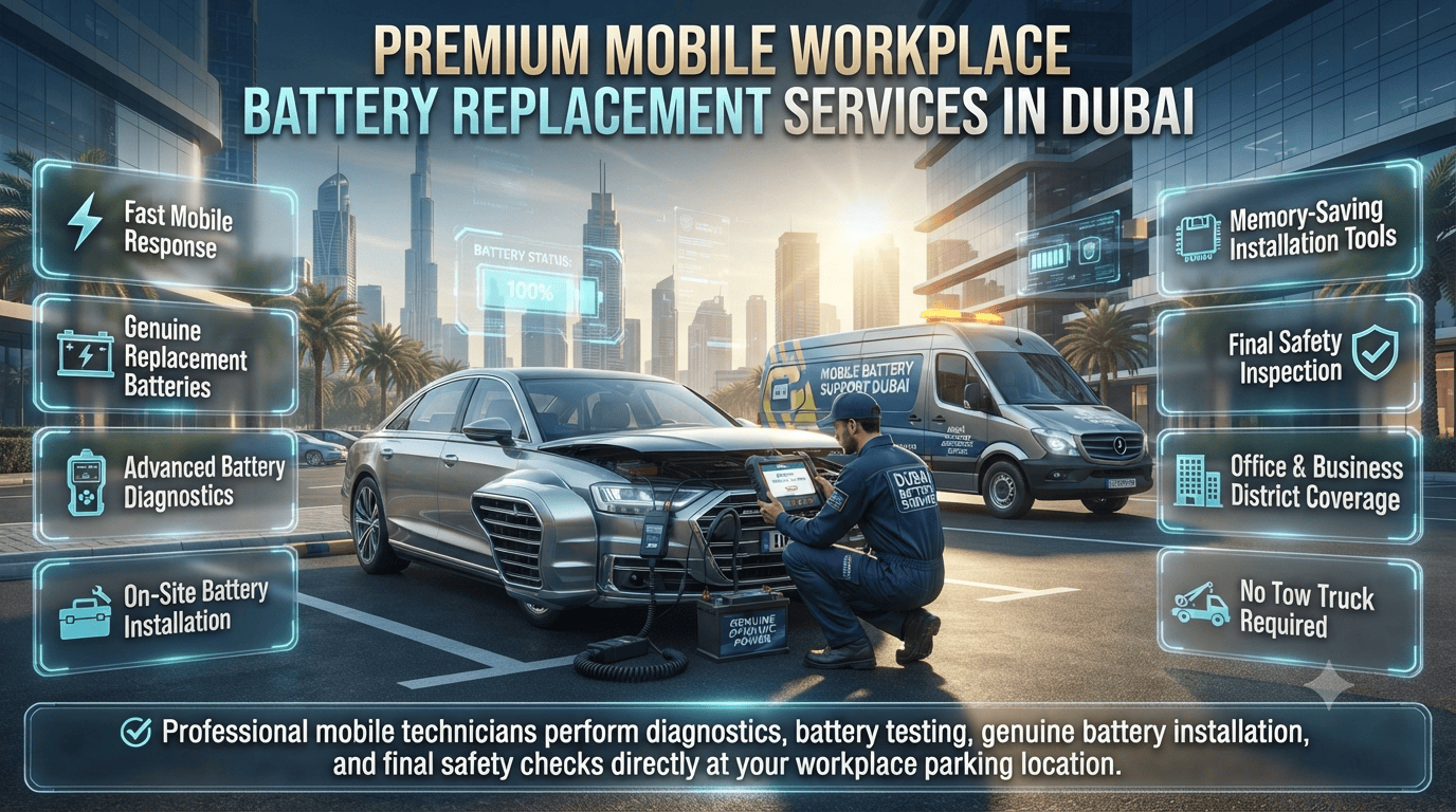 Premium infographic showing mobile vehicle battery replacement outside workplaces in Dubai with on-site diagnostics, genuine battery installation, and fast roadside assistance. Vehicle Battery Replacement Outside Workplace Dubai Guide
