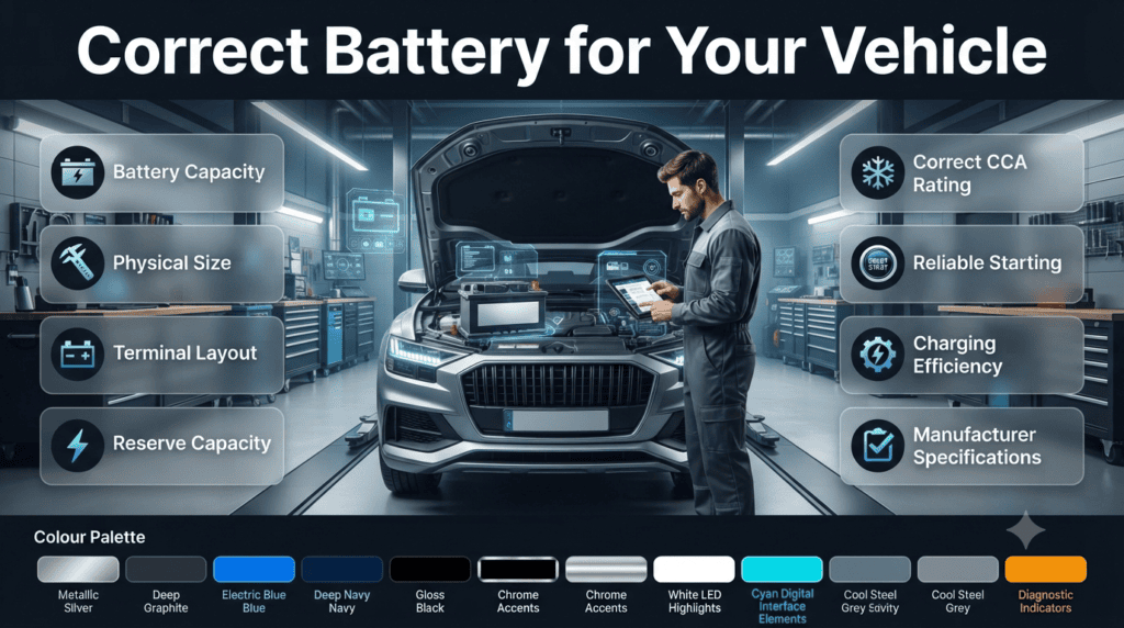 Infographic showing correct car battery selection based on battery size, CCA rating, reserve capacity, terminal layout, and vehicle compatibility.