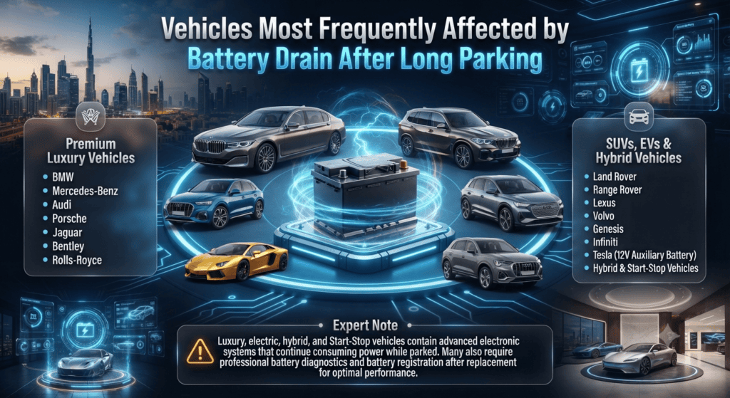 Vehicles Most Frequently Affected by Battery Drain After Long Parking | Premium User Guide Premium automotive infographic showing the types of vehicles most affected by battery drain after extended parking, including luxury cars, SUVs, electric vehicles, hybrids, and Start-Stop models, with a central premium battery and modern technology-themed layout.