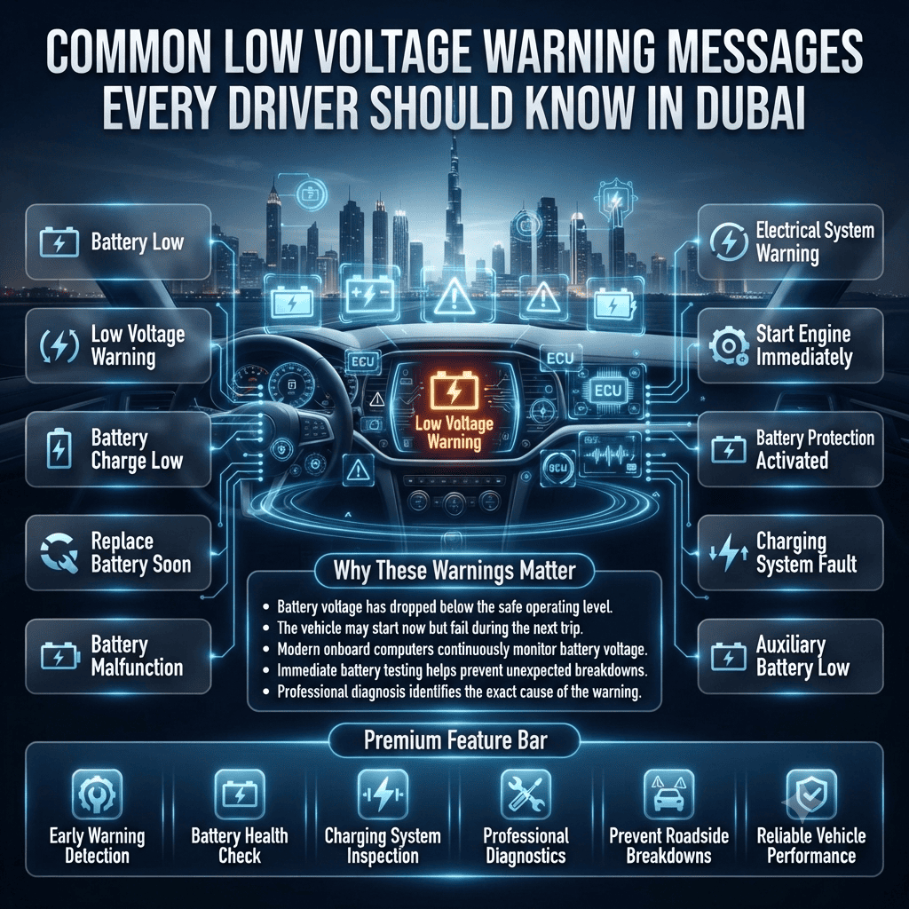 Common Low Voltage Warning Messages Every Driver Should Know in Dubai Automotive infographic showing the most common low voltage battery warning messages displayed on modern vehicle dashboards, helping Dubai drivers recognize early signs of battery failure before a complete breakdown.