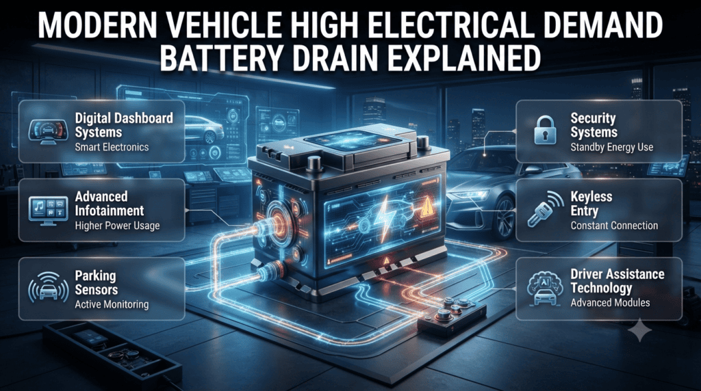 Modern Vehicle High Electrical Demand Battery Drain Explained Modern vehicle electrical demand causing car battery drain from digital systems, sensors, and advanced automotive technology