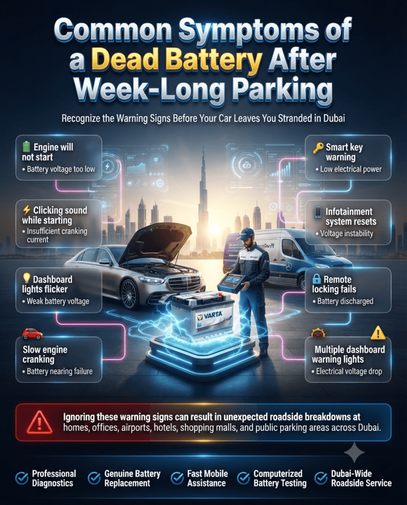 Common Symptoms of a Dead Battery After Week-Long Parking | Dubai Car Battery Warning Signs Premium automotive infographic showing the common symptoms of a dead car battery after week-long parking, including engine not starting, dashboard warning lights, clicking sounds, slow cranking, smart key alerts, and battery voltage issues in Dubai.