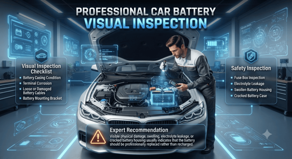 Professional Car Battery Visual Inspection Checklist | Premium User Guide Premium automotive infographic showing a technician visually inspecting a car battery for casing damage, terminal corrosion, battery cables, mounting bracket security, fuse box condition, electrolyte leakage, and swollen or cracked battery housing.