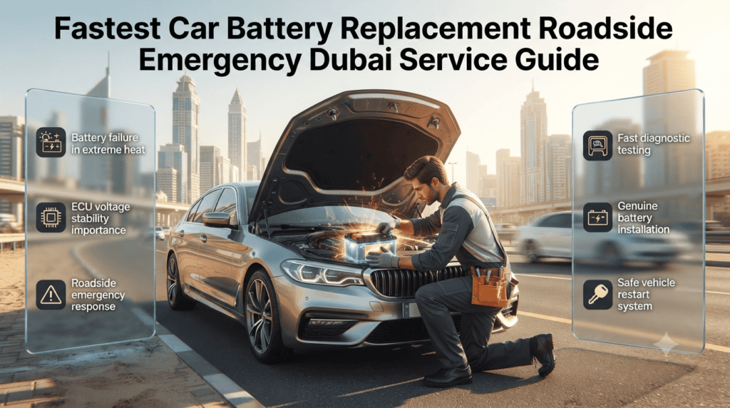 Roadside car battery replacement in Dubai showing emergency technician installing a new battery with diagnostic tools and modern service van support