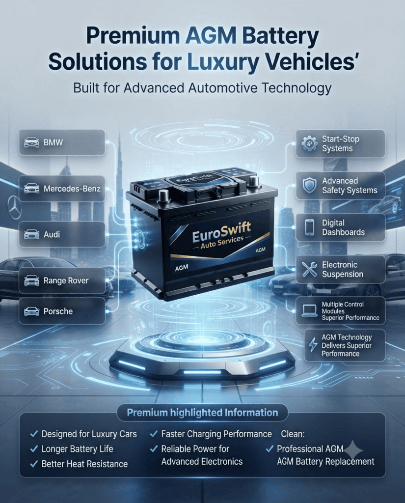 Premium AGM Battery Solutions for Luxury Vehicles Professional automotive infographic showing premium AGM battery solutions for luxury vehicles. The title appears at the top. A realistic EuroSwift Auto Services AGM battery is displayed in the center with futuristic HUD graphics and glowing energy effects. Surrounding the battery are luxury vehicle silhouettes and infographic callout panels highlighting BMW, Mercedes-Benz, Audi, Range Rover, and Porsche, along with advanced vehicle technologies such as start-stop systems, electronic suspension, digital dashboards, multiple control modules, and advanced safety systems.