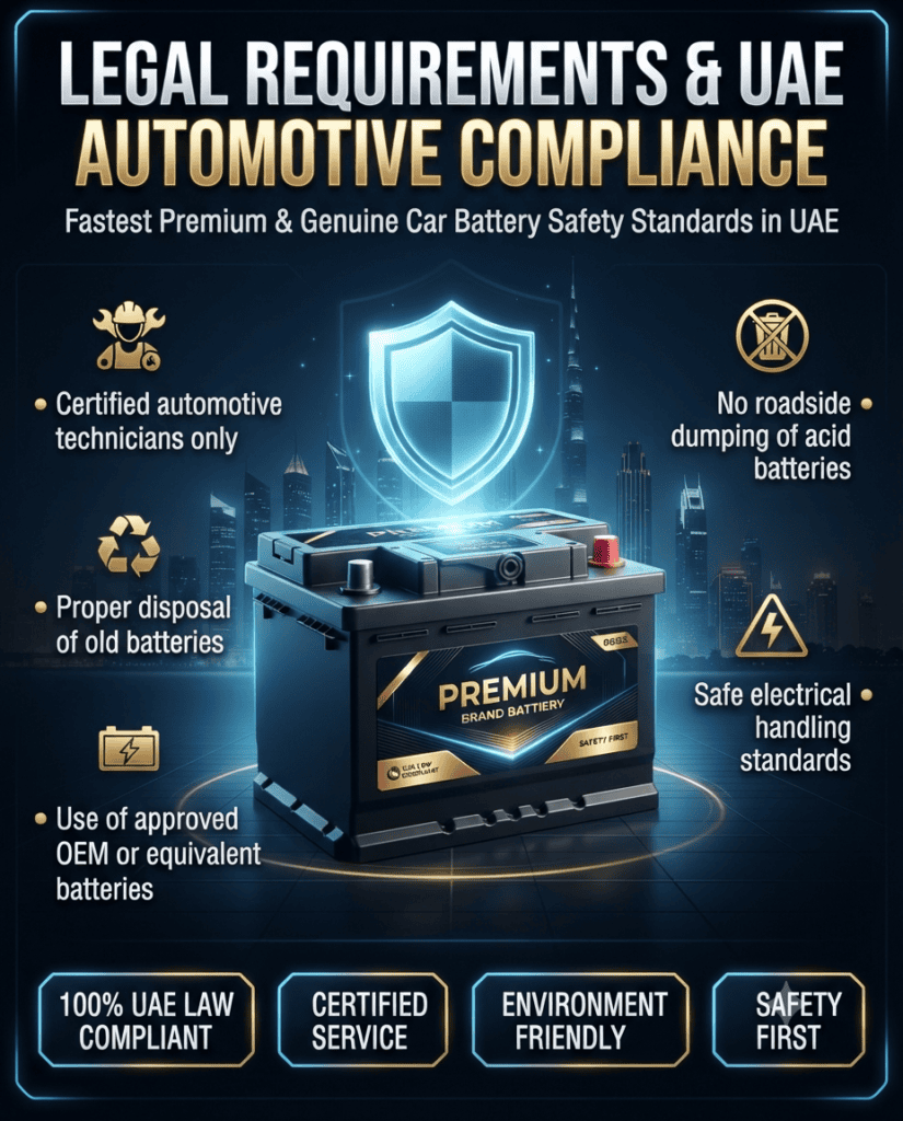 Legal Requirements & UAE Automotive Compliance – Car Battery Safety Standards Infographic showing UAE automotive legal compliance rules for car battery services, featuring certified technician rules, proper battery disposal, OEM usage standards, and electrical safety guidelines with a central battery image and Dubai skyline background.
