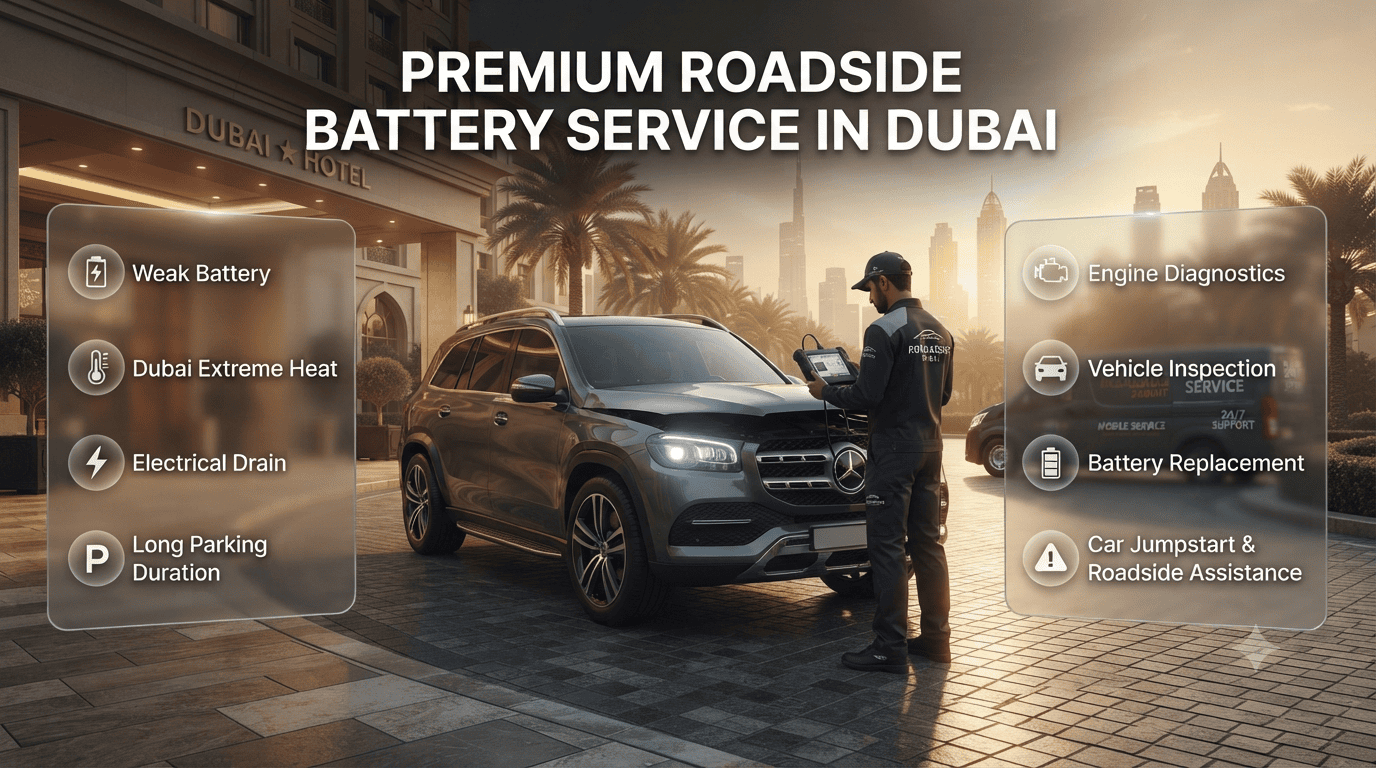 Professional infographic showing a car that won't start after hotel parking in Dubai, highlighting battery diagnostics, jump start, alternator inspection, and roadside assistance.