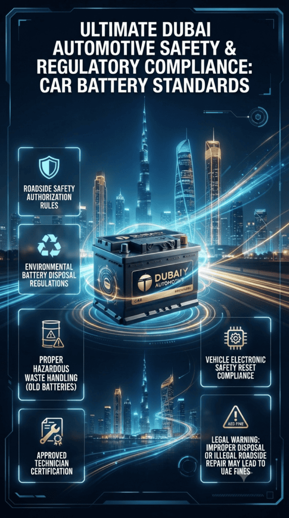 LEGAL & SAFETY COMPLIANCE FOR EMERGENCY CAR BATTERY SERVICES IN DUBAI Futuristic infographic showing car battery replacement safety compliance rules in Dubai with skyline background and regulatory bullet points.