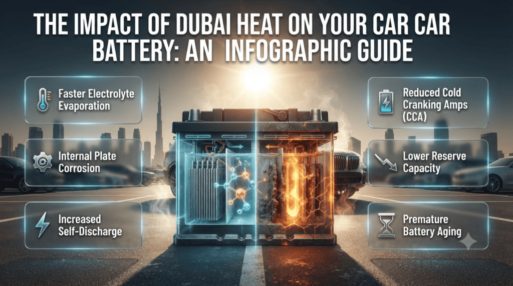 Car battery damaged by extreme Dubai heat with visual indicators of electrolyte evaporation, corrosion, reduced capacity, and premature battery aging.