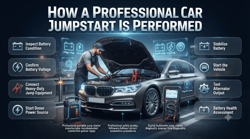 Professional technician performing a safe car jumpstart using heavy-duty jump equipment while testing battery health and alternator output in a modern workshop.